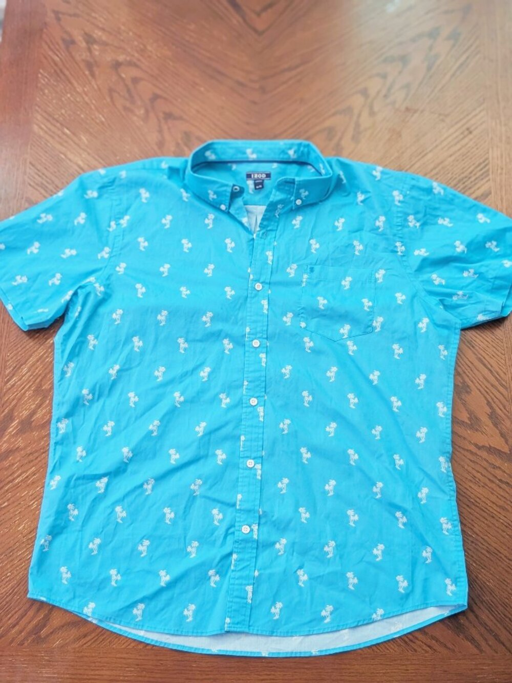 IZOD Button Down Shirt Palm Tree Print XL Blue Short Sleeve Tropical - Cotton